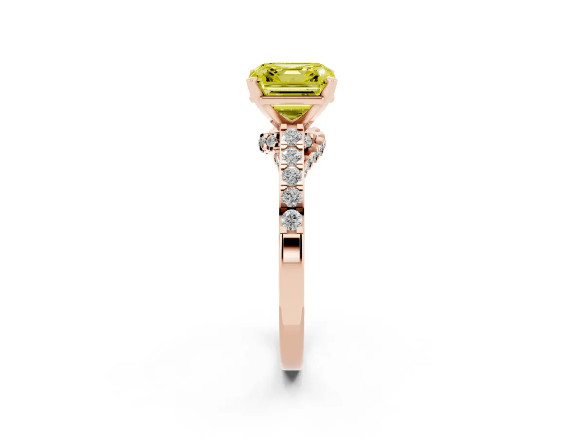 Fancy Yellow Asscher Cut Diamond Solitaire Ring with Crossover Gallery and Round Pavé Band Rose gold