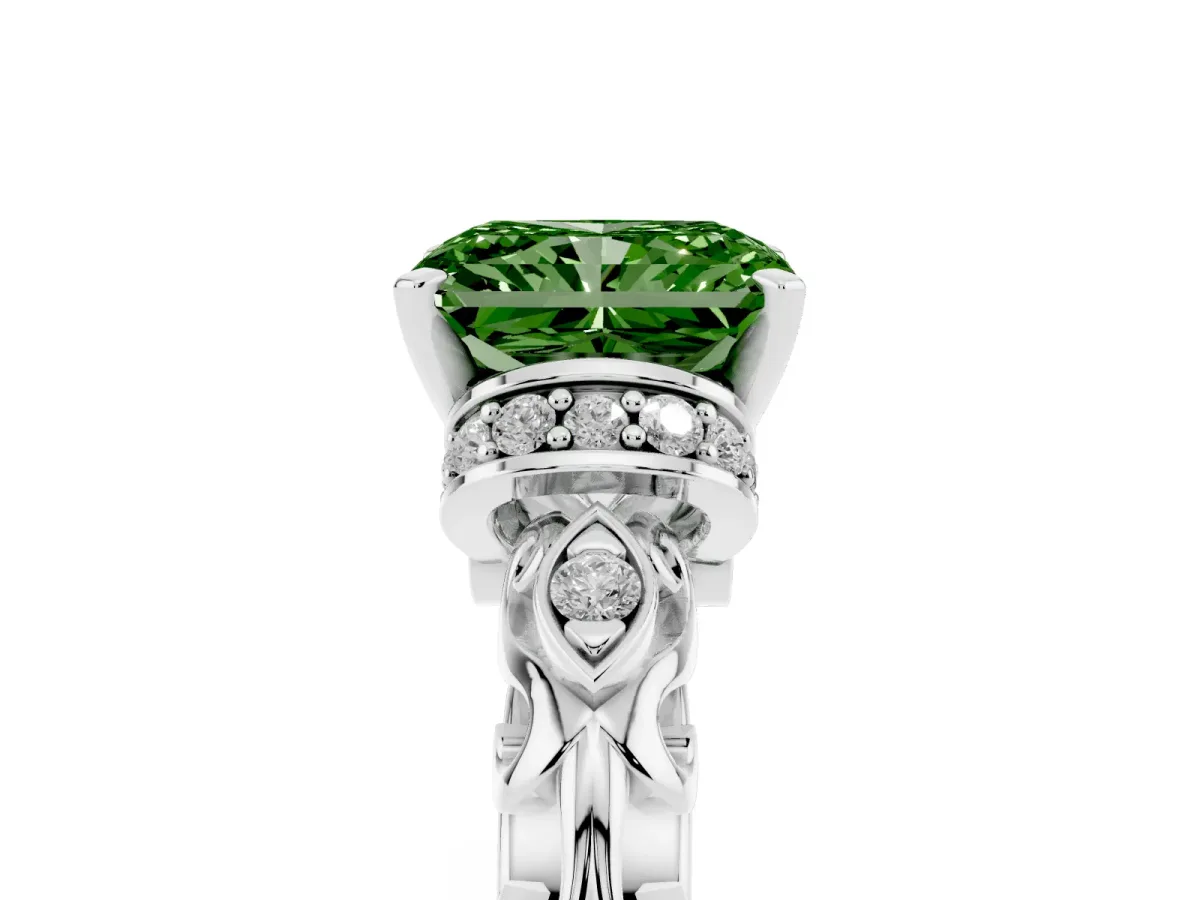 Fancy Green Radiant Cut Diamond Solitaire Ring with Filigree Band and Four-Prong Setting Silver