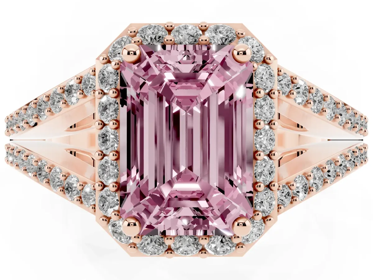Fancy Pink Emerald Cut Halo Split Shank Diamond Ring with Prong Setting Rose gold