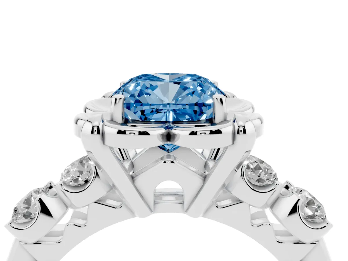 Fancy Blue Cushion Cut Cut Diamond Floral Halo Engagement Ring with Shared Prong Setting Silver