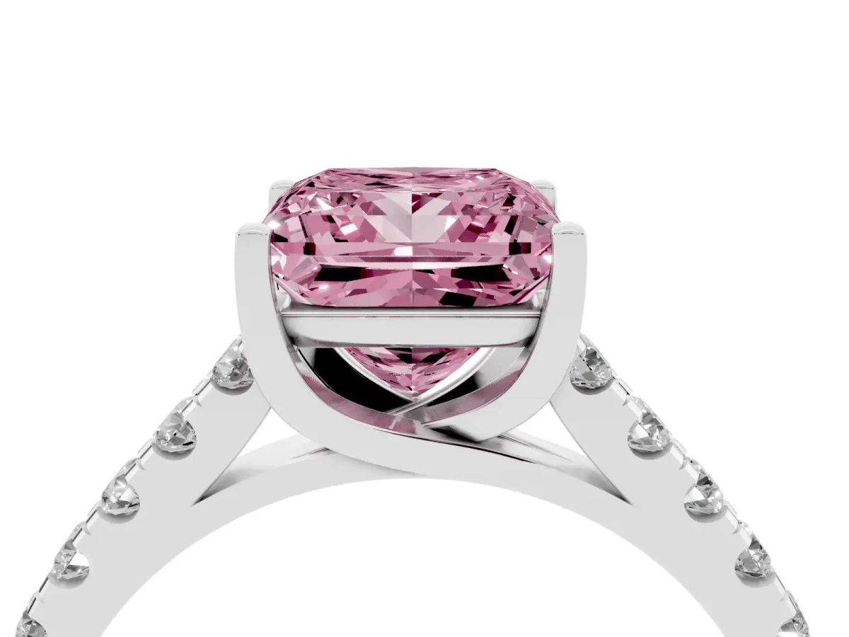 Fancy Pink Princess Cut Diamond Pavé Band Solitaire Ring with Prong Setting Platinum