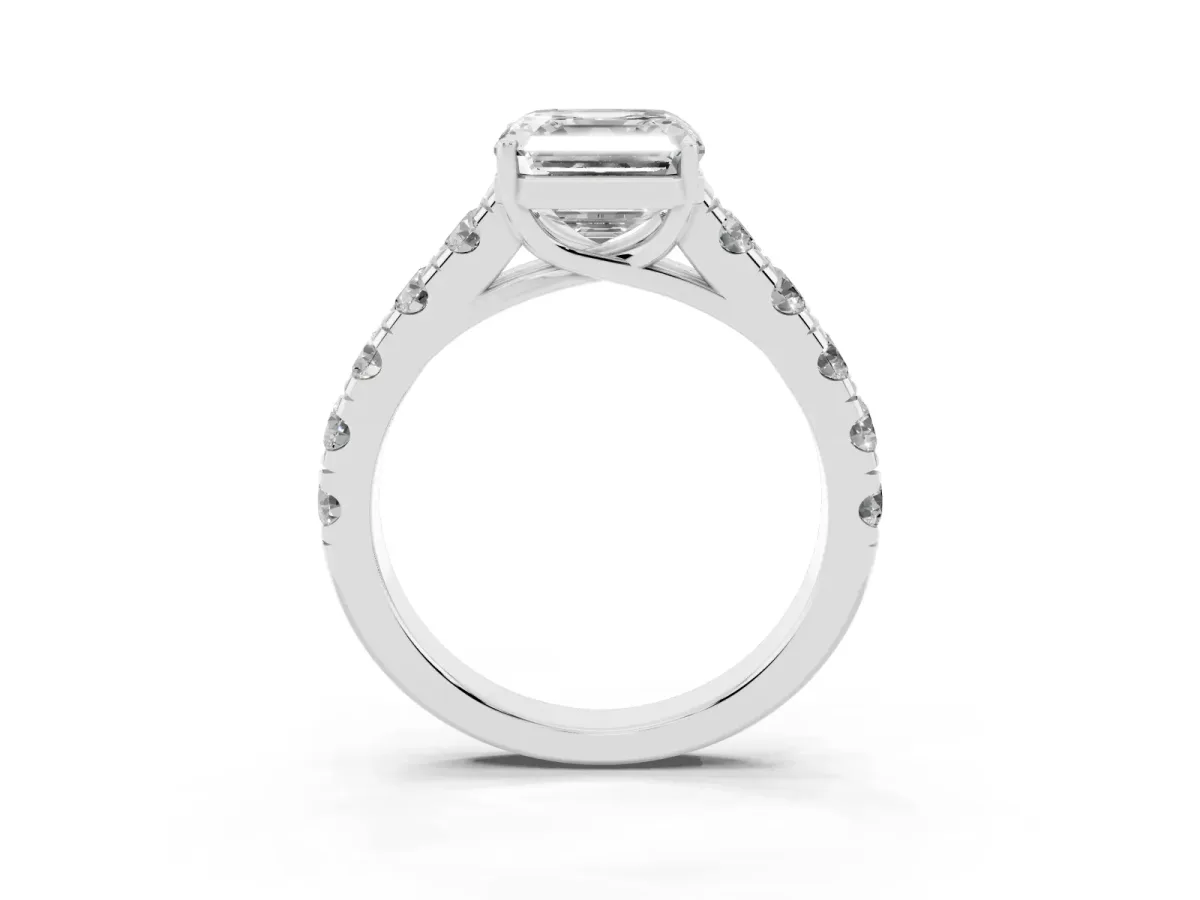 Asscher Cut Cut Diamond Solitaire Ring with Micro Pave Band and Prong Setting Silver