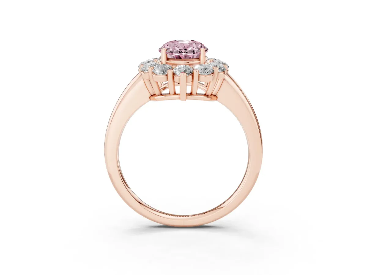 Fancy Pink Oval Cut Halo Cluster Diamond Engagement Ring with Prong Setting and Polished Band Rose gold
