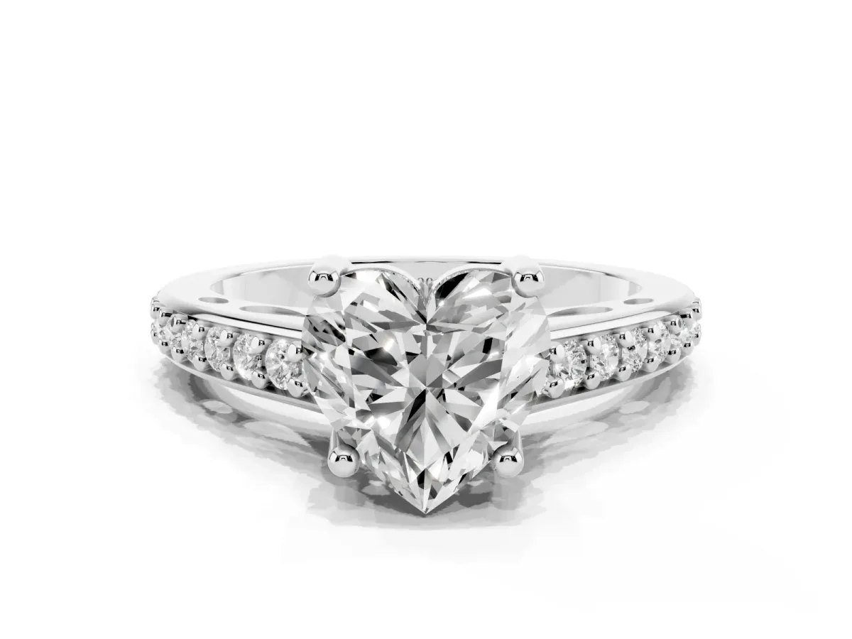 Heart Cut Solitaire Prong Set Diamond Engagement Ring with Pave Band Silver