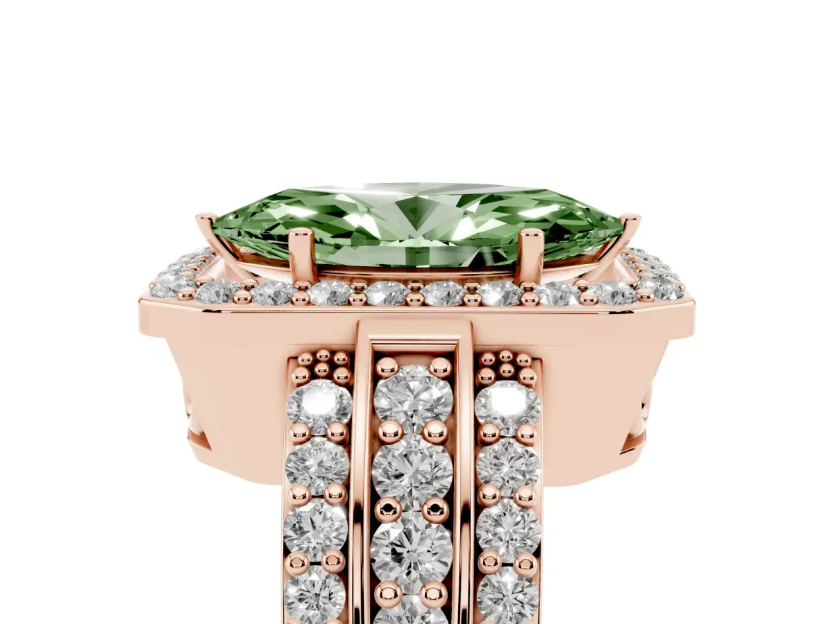 Fancy Green Marquise Cut Halo Diamond Ring with Round Split Shank and Prong Setting Rose gold