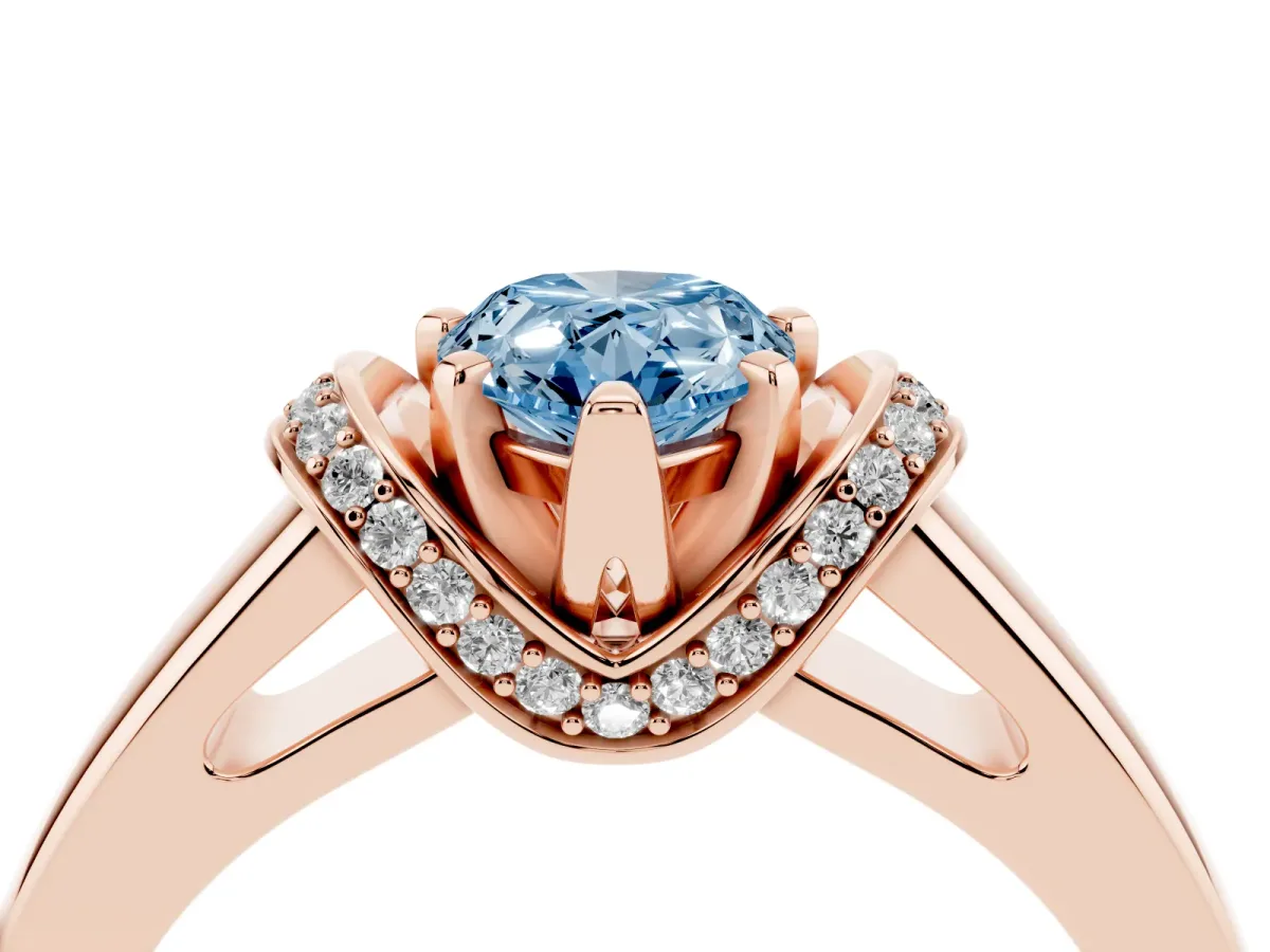 Fancy Blue Pear Cut Solitaire Diamond Ring with Pave Band and Six-Prong Setting Rose gold