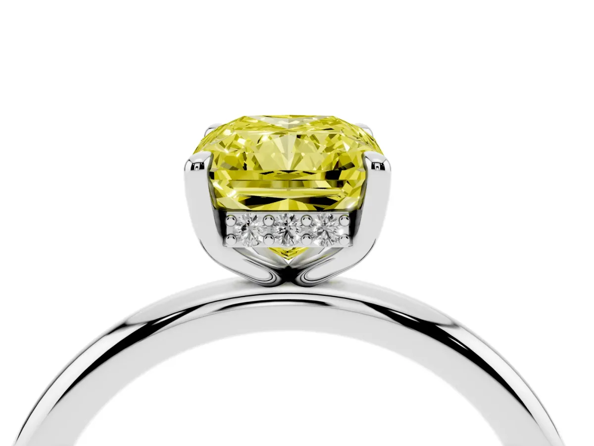 Fancy Yellow Radiant Cut Diamond Solitaire Ring with Thin Band and Four-Prong Setting Platinum
