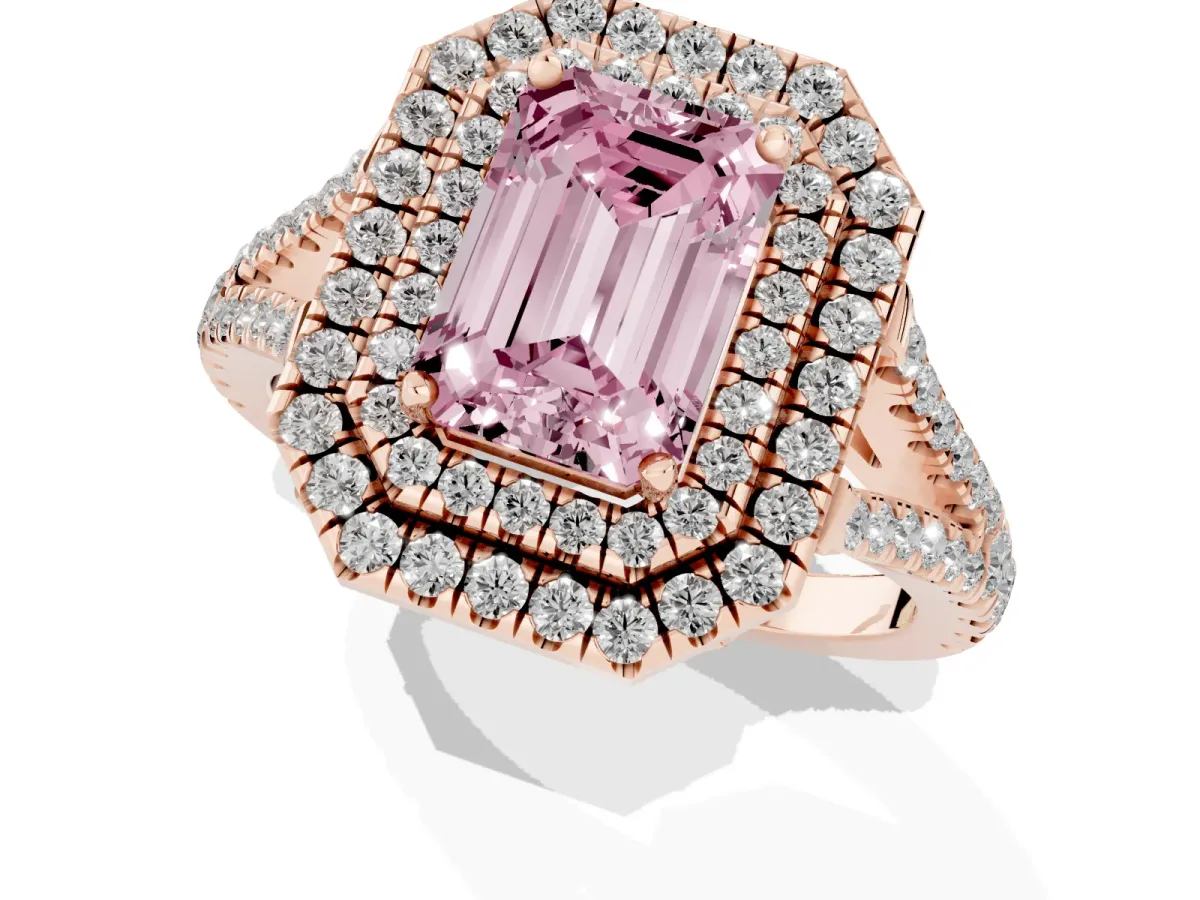 Fancy Pink Emerald Cut Diamond Double Halo Ring with Pavé Band and Prong Setting Rose gold