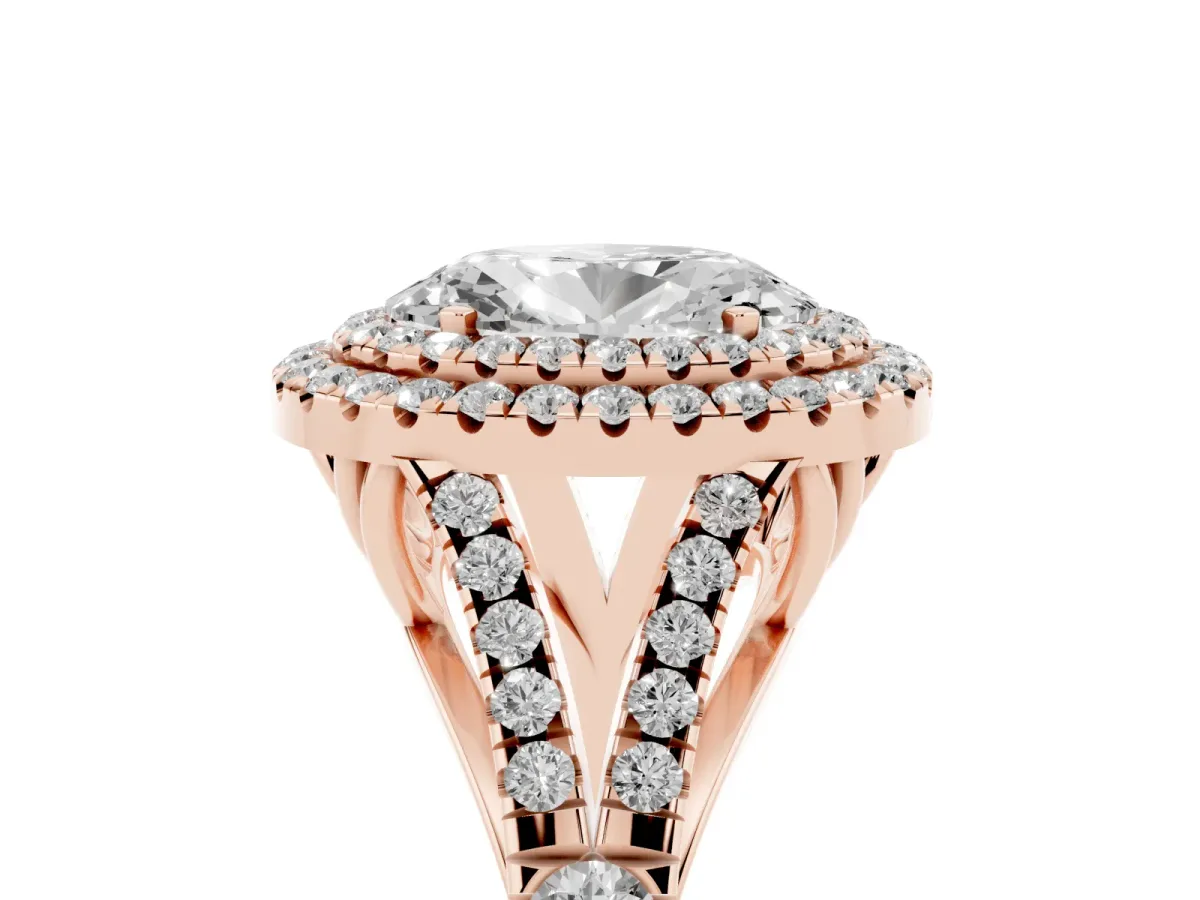 Double Halo Oval Cut Diamond Split Shank Engagement Ring with Four-Prong Setting Rose gold