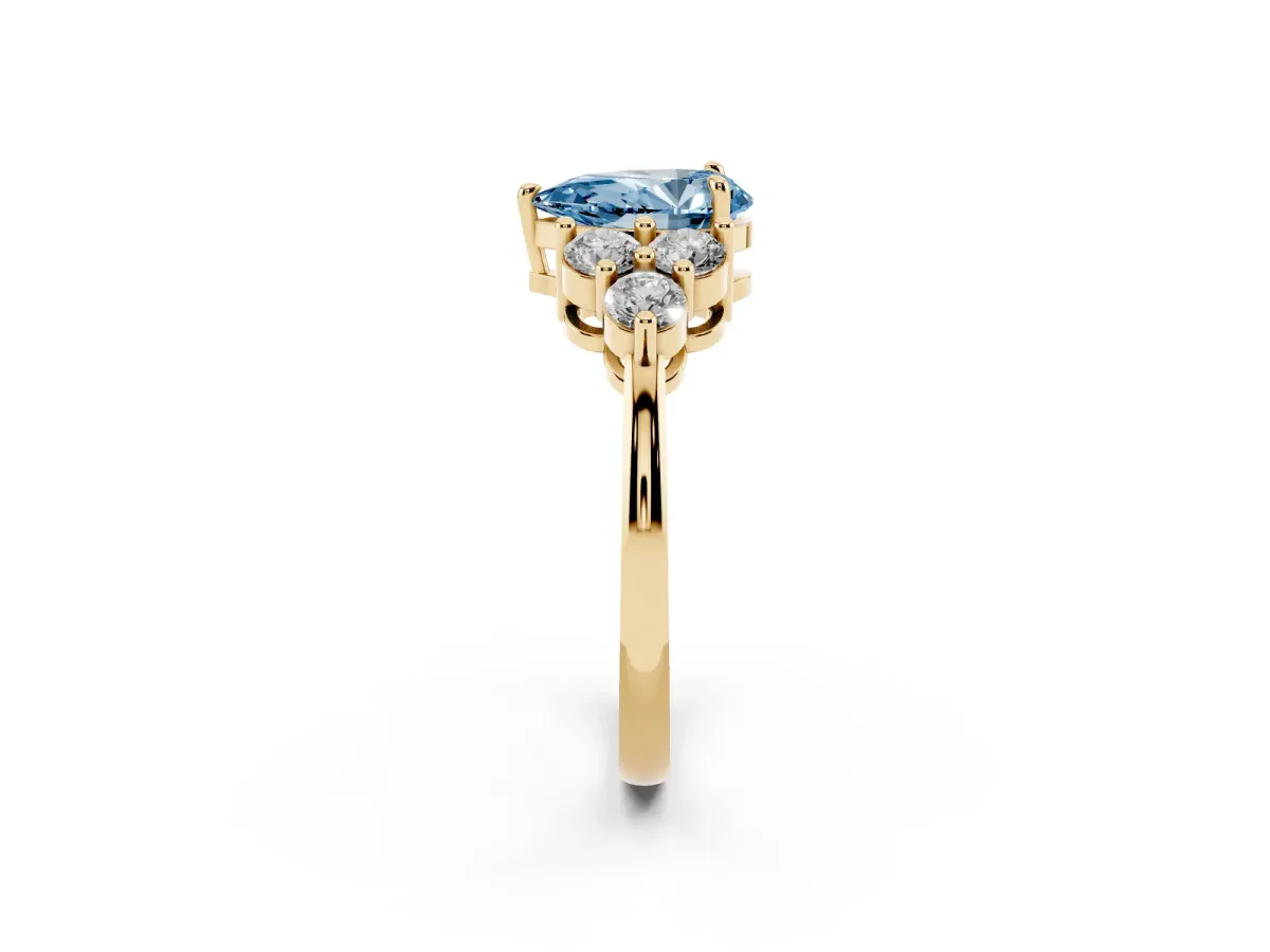 Fancy Blue Pear Cut Brilliant Diamond Cluster Accent Solitaire Ring with Prong Setting Yellow gold