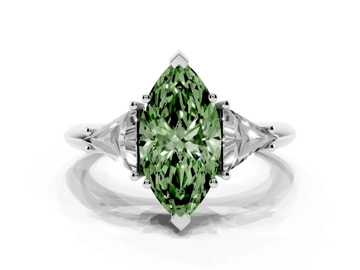 Fancy Green Three-Stone Marquise Cut Diamond Engagement Ring with Trillion Side Stones and Prong Setting White gold