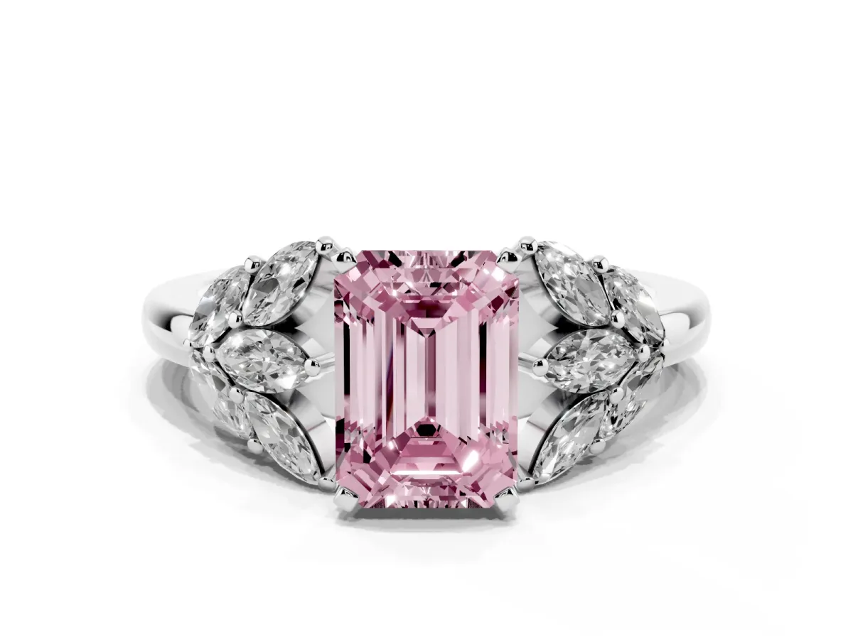 Fancy Pink Emerald Cut Diamond Cluster Leaf Design Ring with Prong Setting Platinum