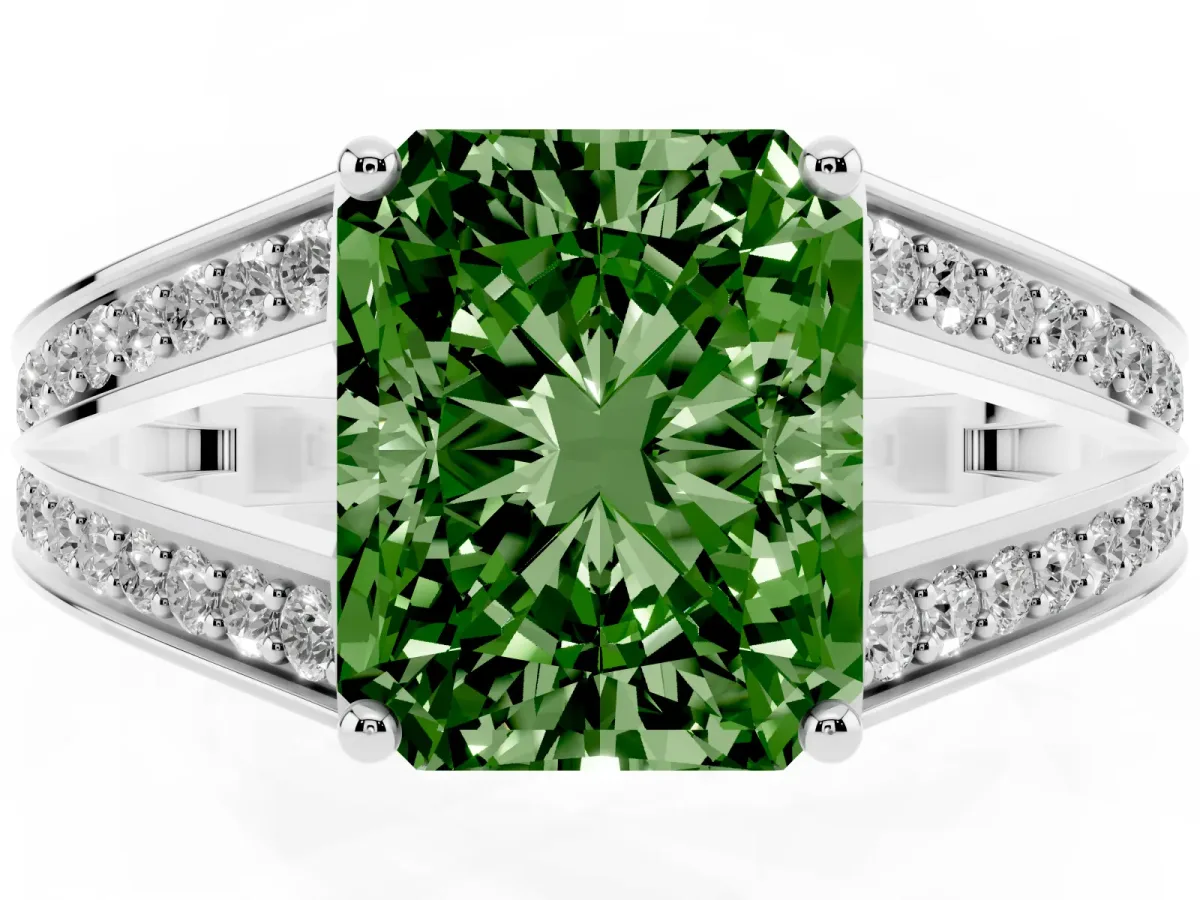 Fancy Green Radiant Cut Diamond Split Shank Ring with Pavé Band and Four-Prong Setting Platinum
