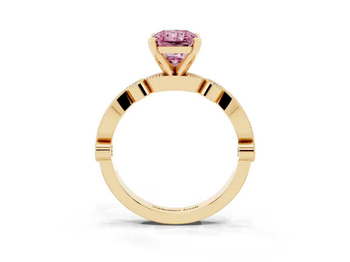 Fancy Pink Radiant Cut Milgrain Bezel Diamond Engagement Ring with Solitaire Prong Setting Yellow gold