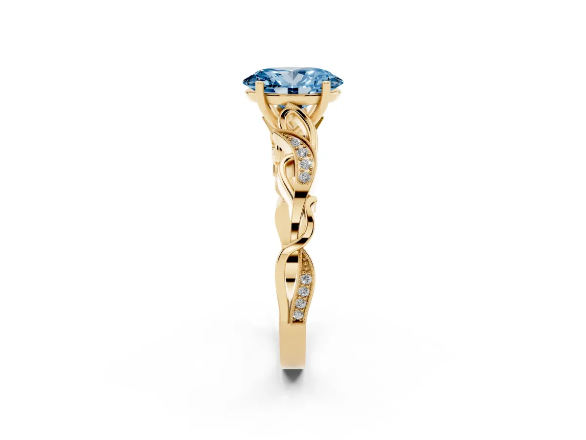Fancy Blue Oval Cut Solitaire Vine Band with Milgrain Prong Setting Yellow gold