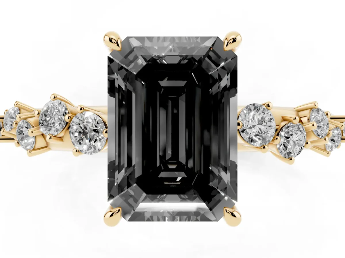 Fancy Black Emerald Cut Diamond Cluster Side Stone Solitaire Ring with Prong Setting Yellow gold