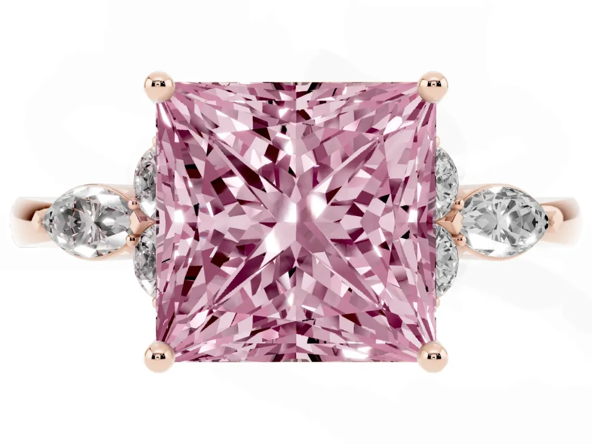 Fancy Pink Princess Cut Brilliant Diamond Solitaire Ring with Pear Side Stones and Four-Prong Setting Rose gold