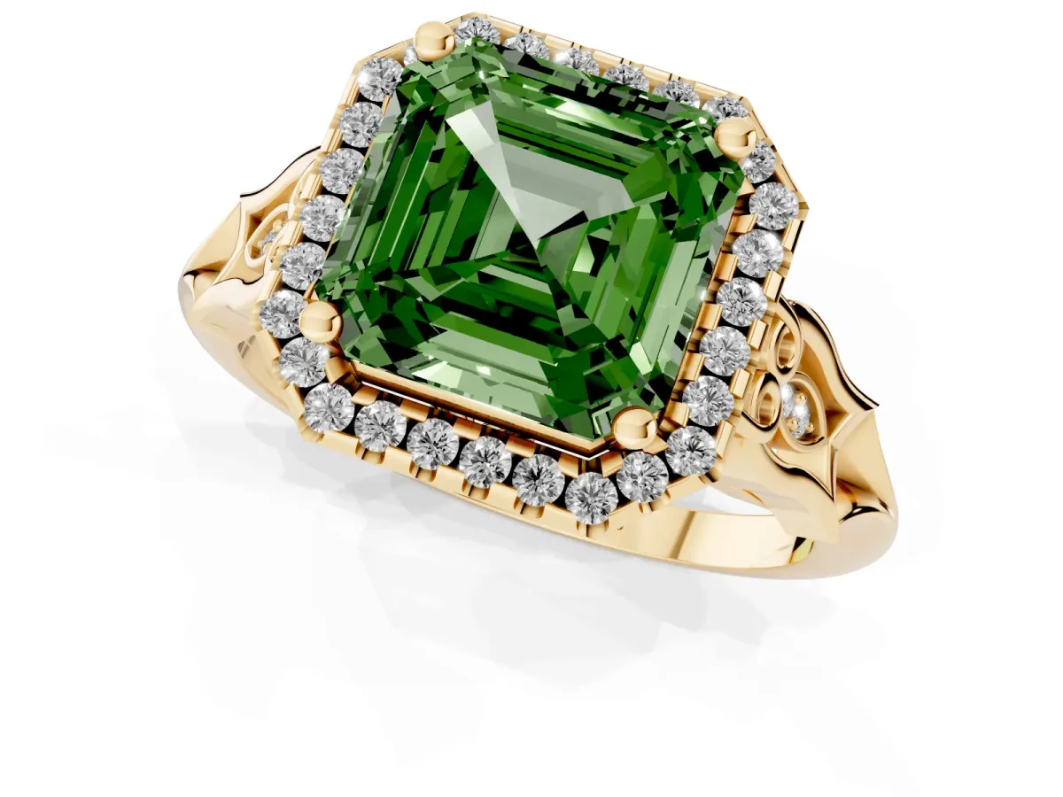 Fancy Green Asscher Cut Halo Diamond Engagement Ring with Filigree Band and Four-Prong Setting Yellow gold