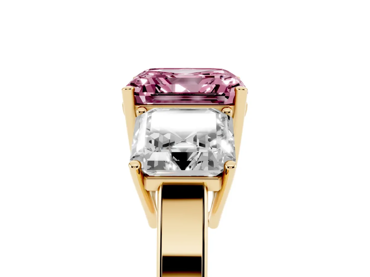 Fancy Pink Three-Stone Asscher Cut Cut Diamond Engagement Ring with Flat Band and Four-Prong Setting Yellow gold