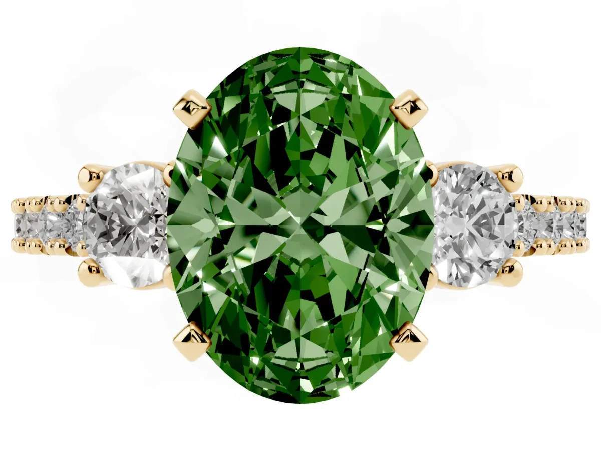 Fancy Green Oval Cut Three-Stone Diamond Pavé Band with Prong Setting Yellow gold
