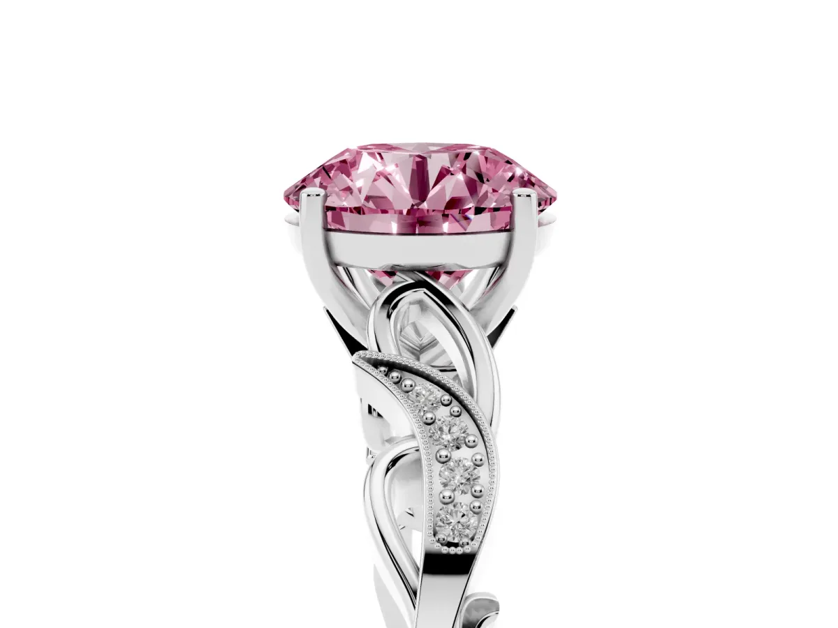 Fancy Pink Round Cut Solitaire Vine Band with Milgrain Prong Setting Silver