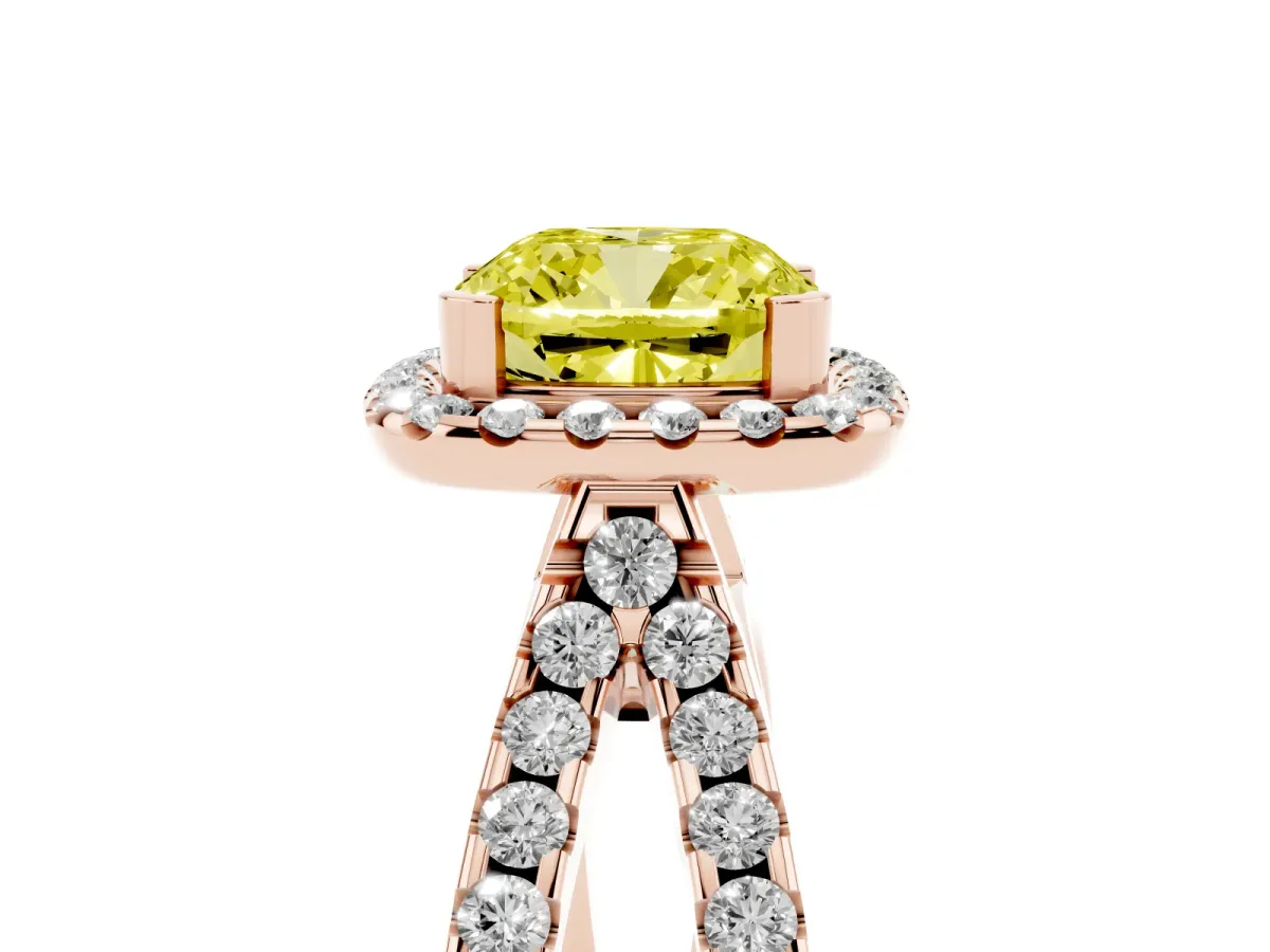 Fancy Yellow Cushion Cut Diamond Halo Ring with Split Shank Pavé Band and Prong Setting Rose gold
