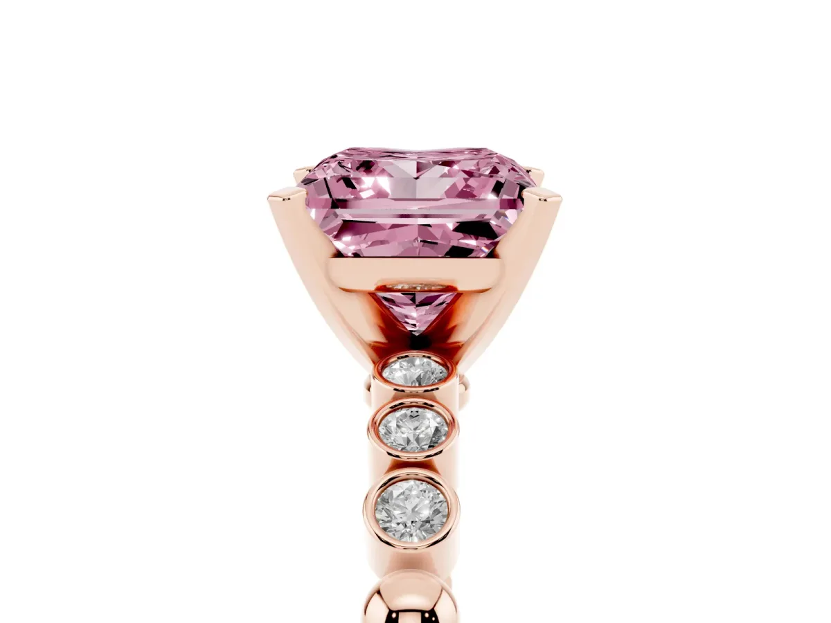 Fancy Pink Princess Cut Solitaire Bezel Accent Diamond Engagement Ring with Beaded Band and Four-Prong Setting Rose gold