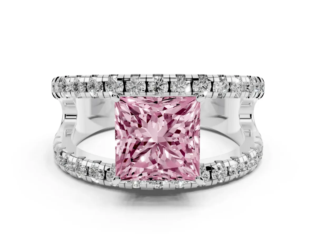 Fancy Pink Princess Cut Solitaire Split Shank Pave Diamond Ring Platinum
