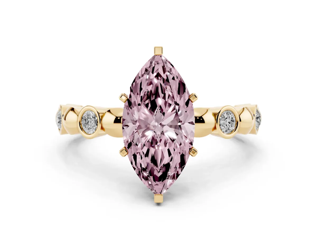 Fancy Pink Marquise Cut Solitaire Bezel-Set Diamond Ring with Beaded Band and Four-Prong Setting Yellow gold