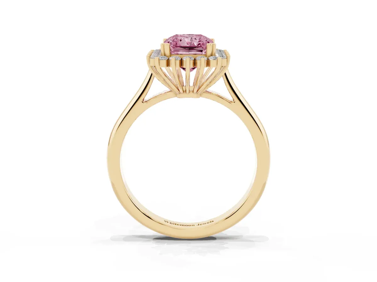 Fancy Pink Radiant Cut Cut Diamond Halo Ring with Solitaire Band and Prong Setting Yellow gold