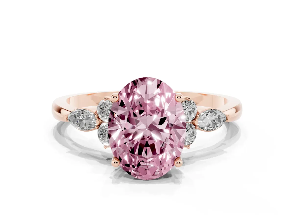 Fancy Pink Oval Cut Brilliant Diamond Solitaire Ring with Pear Side Stones and Four-Prong Setting Rose gold