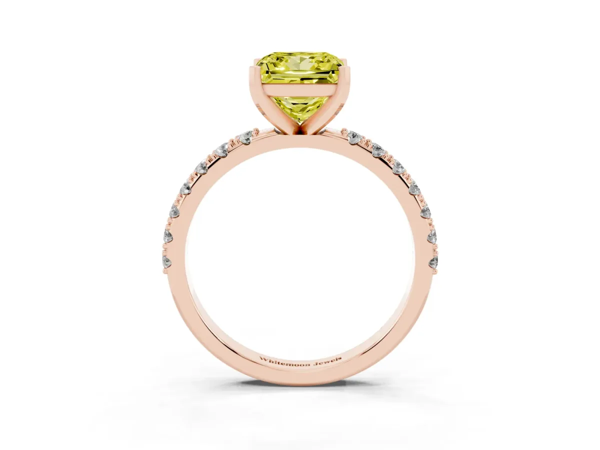 Fancy Yellow Princess Cut Diamond Solitaire Pavé Band with Four-Prong Setting Rose gold