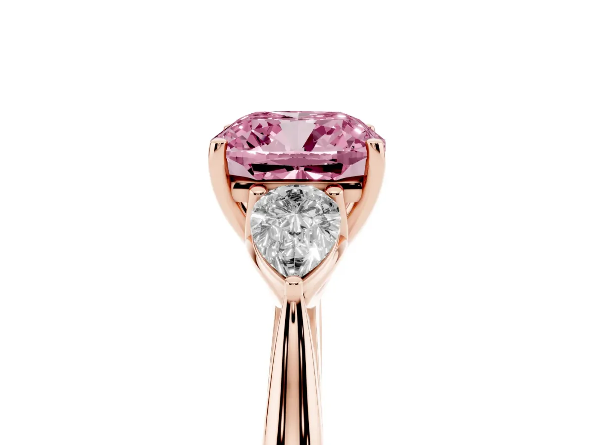 Fancy Pink Three-Stone Cushion Cut Brilliant Diamond Solitaire Ring with Tapered Band and Four-Prong Setting Rose gold