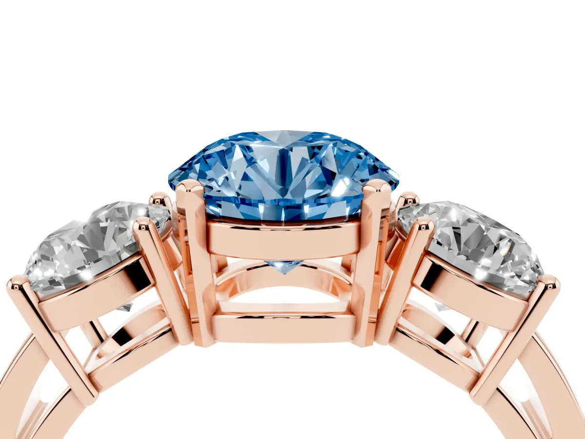 Fancy Blue Three-Stone Round Cut Diamond Ring with Round Side Stones, Classic Band, and Four-Prong Setting Rose gold
