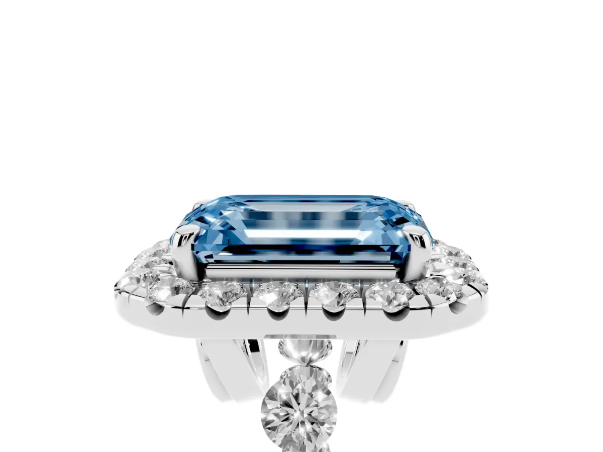 Fancy Blue Emerald Cut Halo Pavé Diamond Engagement Ring with Four-Prong Setting Silver