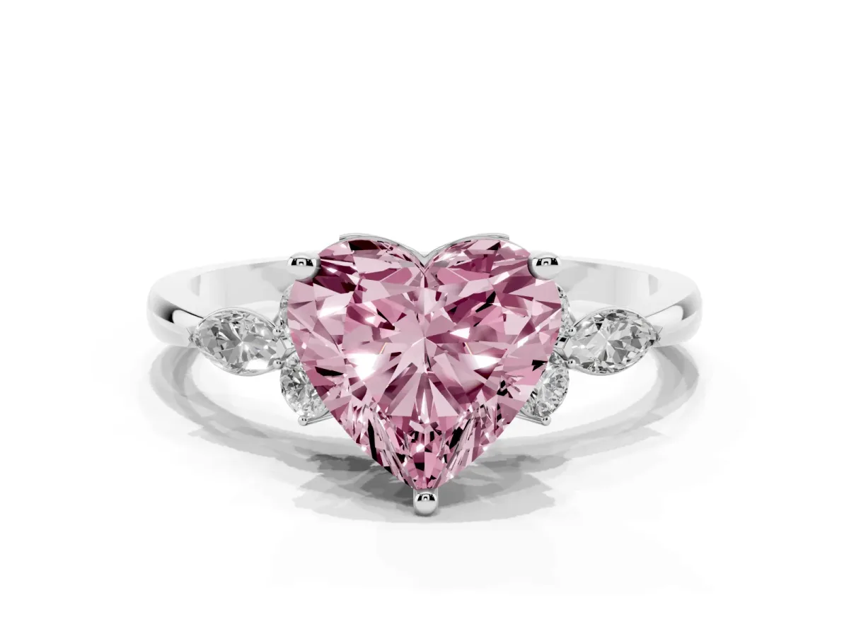 Fancy Pink Heart Cut Brilliant Diamond Solitaire Ring with Pear Side Stones and Four-Prong Setting Platinum