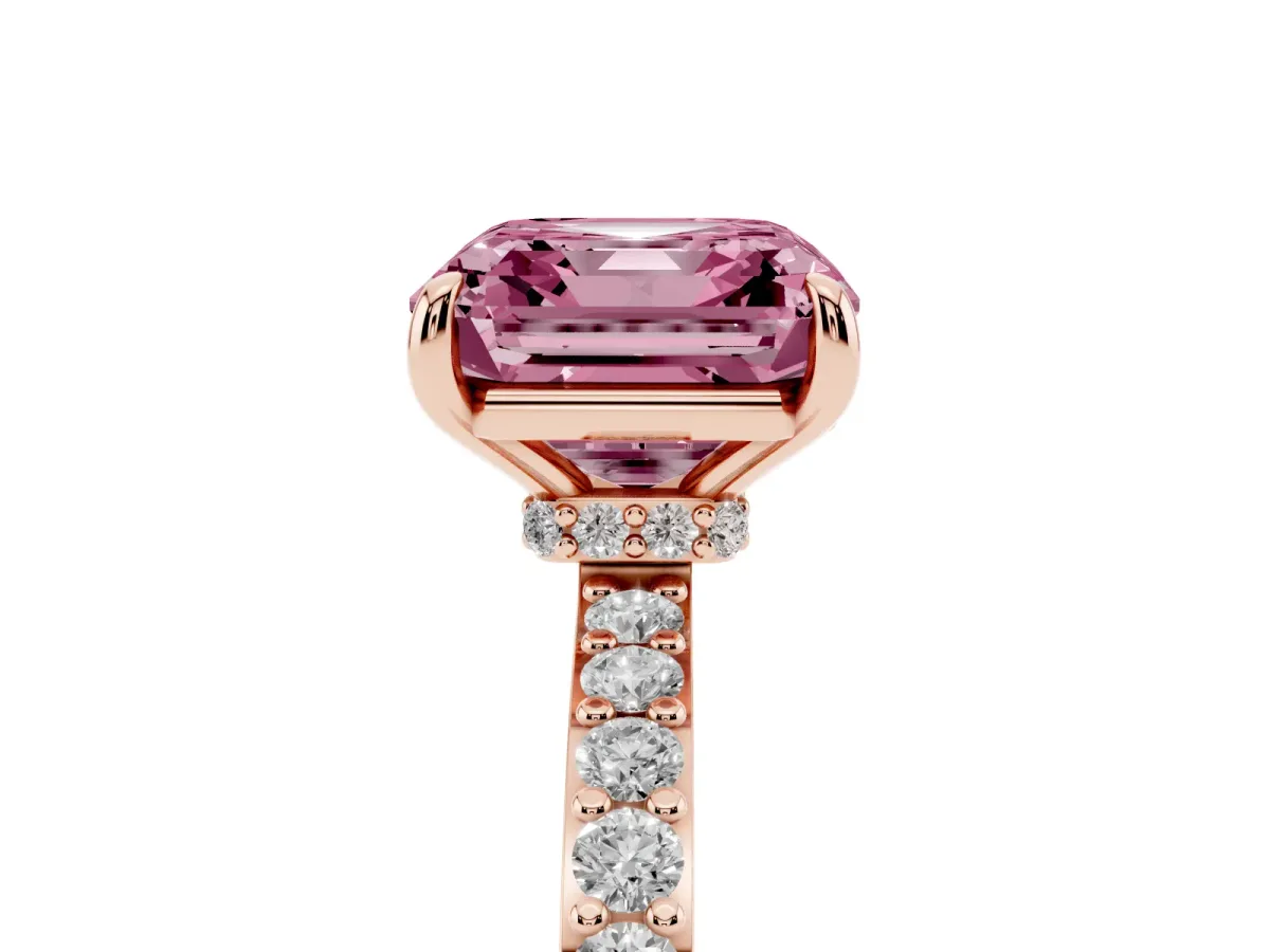 Fancy Pink Asscher Cut Diamond Pavé Engagement Ring with Round Accents and Prong Setting Rose gold