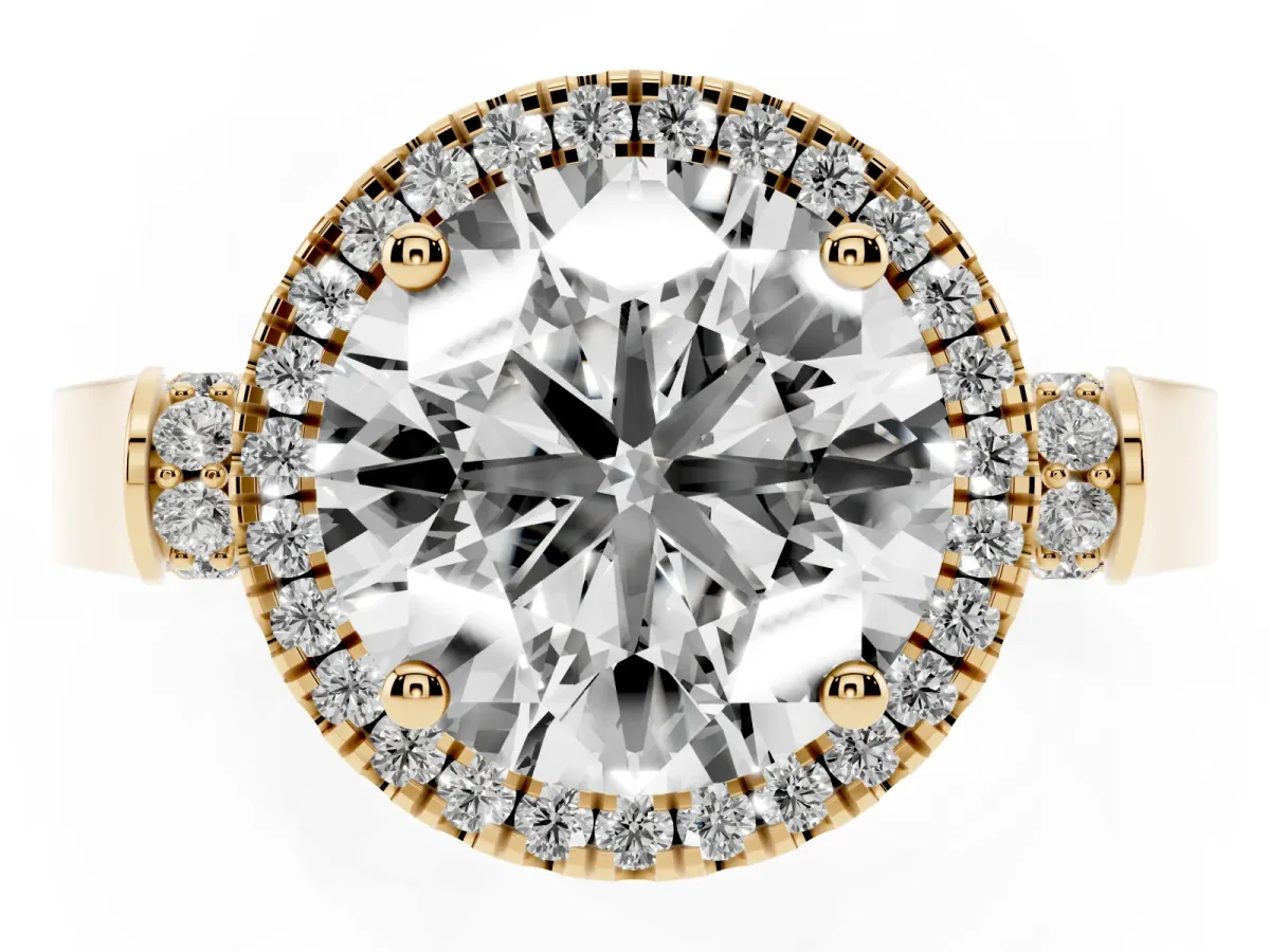 Round Cut Halo Pave Split Shank Prong Setting Ring Yellow gold