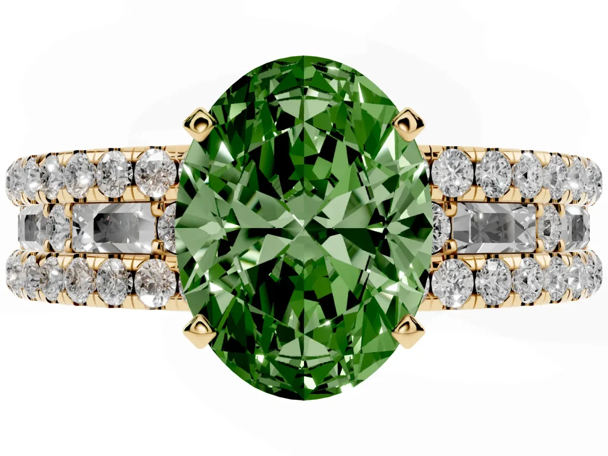 Fancy Green Oval Cut Diamond Solitaire Ring with Pavé and Channel Set Band Yellow gold