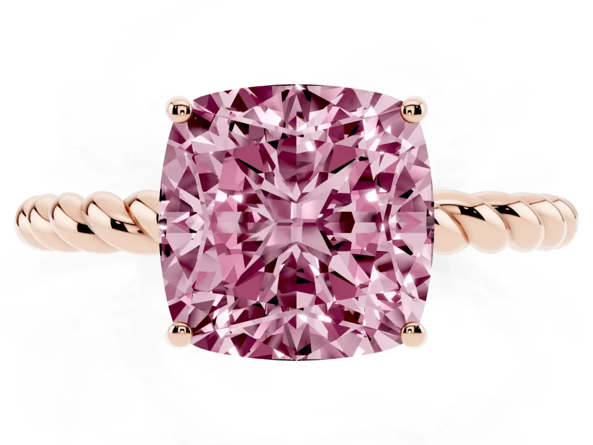 Fancy Pink Cushion Cut Solitaire Twist Band Ring with Four-Prong Setting Rose gold