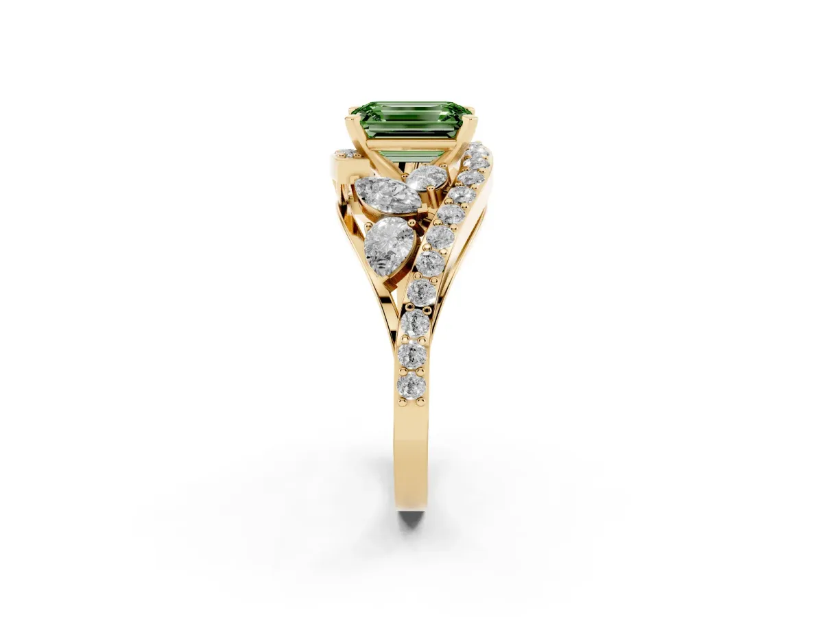 Fancy Green Emerald Cut Diamond Halo Ring with Marquise and Pavé Band in Prong Setting Yellow gold