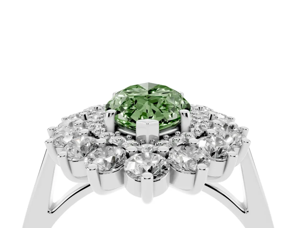 Fancy Green Marquise Cut Diamond Floral Double Halo Engagement Ring with Prong Setting Platinum