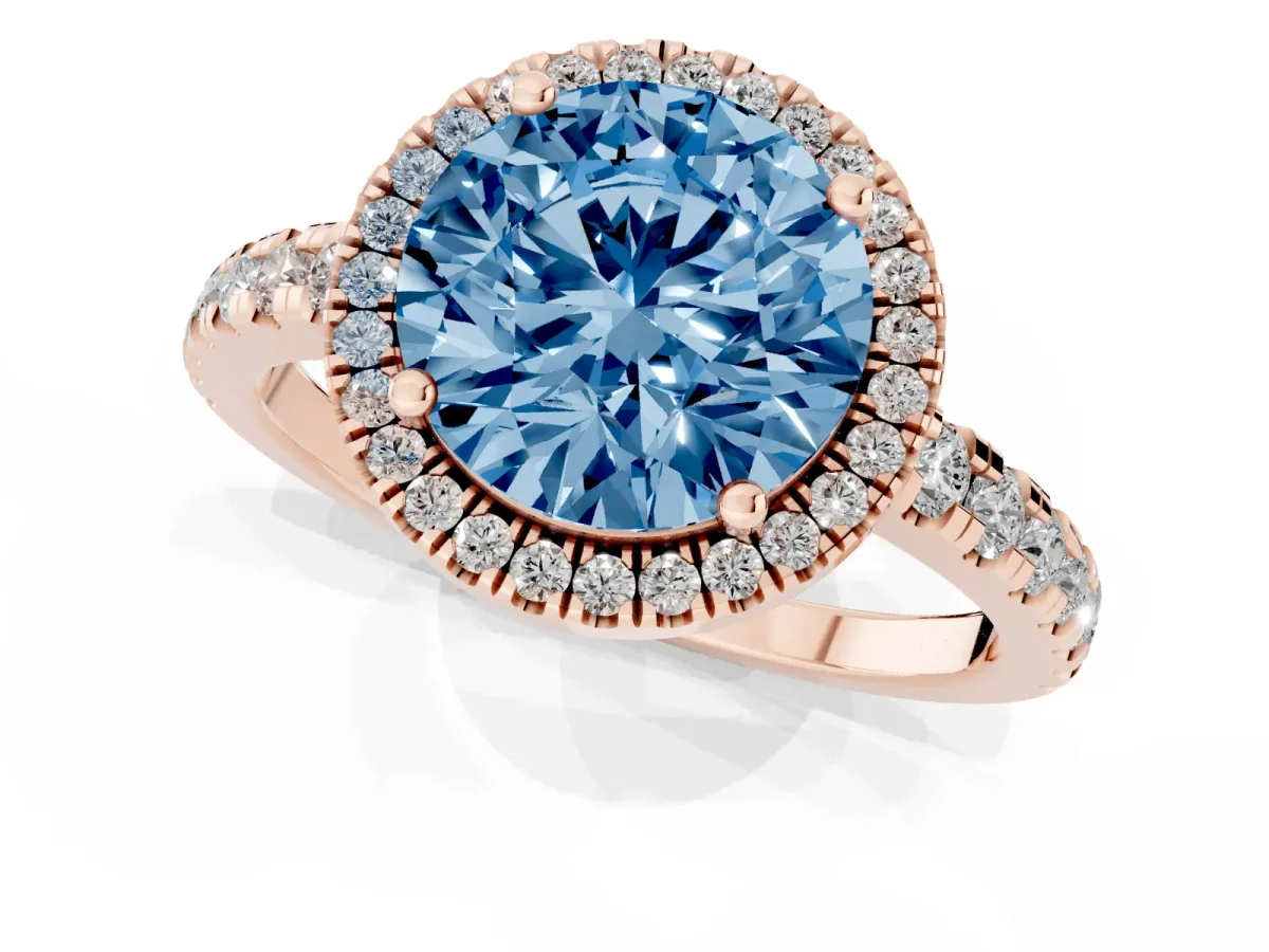 Fancy Blue Round Cut Diamond Halo Ring with Pavé Band and Four-Prong Setting Rose gold