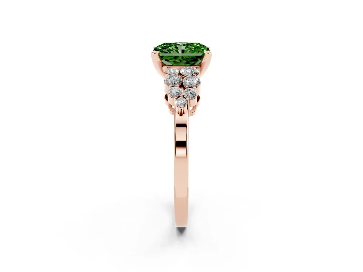 Fancy Green Radiant Cut Cluster Diamond Engagement Ring with Pavé Band and Four-Prong Setting Rose gold