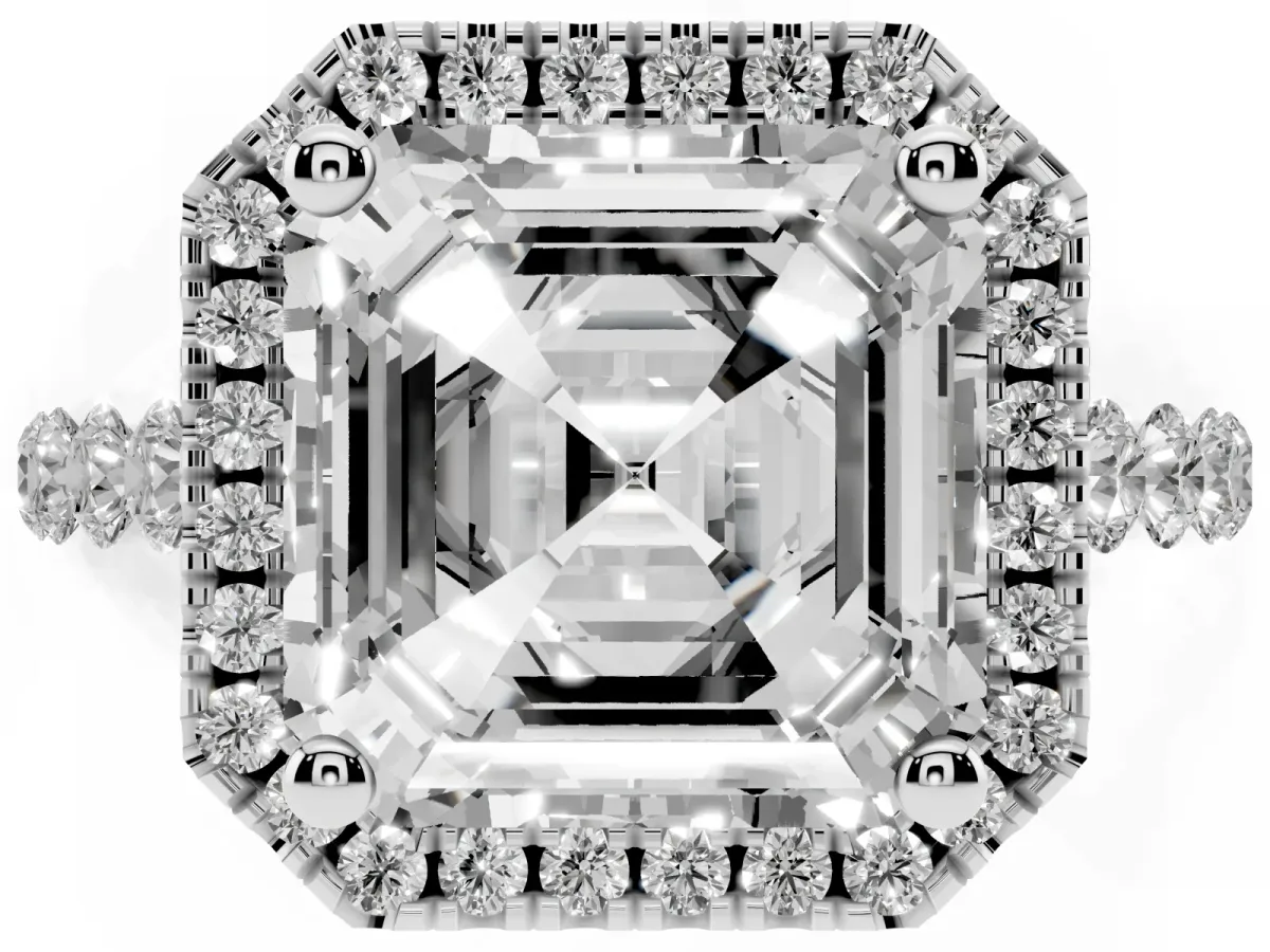 Asscher Cut Halo Pavé Diamond Engagement Ring with Four-Prong Setting Silver