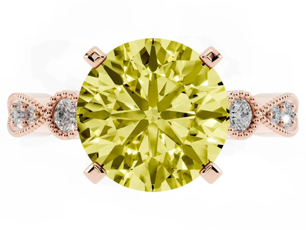 Fancy Yellow Round Cut Milgrain Bezel Diamond Engagement Ring with Solitaire Prong Setting Rose gold