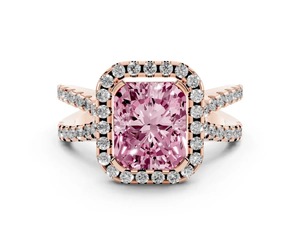 Fancy Pink Radiant Cut Diamond Halo Ring with Split Shank Pavé Band and Prong Setting Rose gold
