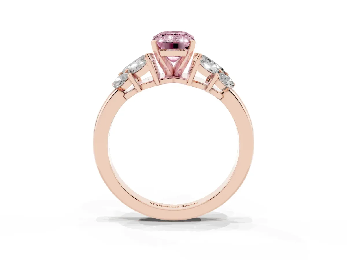 Fancy Pink Emerald Cut Diamond Cluster Leaf Design Ring with Prong Setting Rose gold