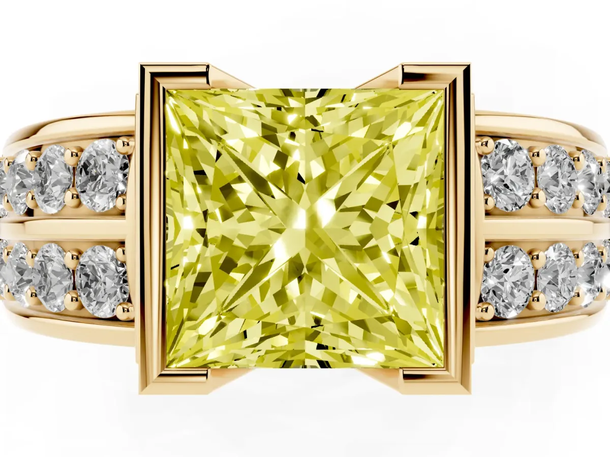 Fancy Yellow Princess Cut Brilliant Diamond Channel Set Wide Band Ring with Bezel Setting Yellow gold