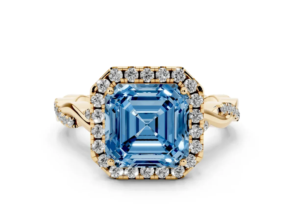 Fancy Blue Asscher Cut Halo Twist Band Solitaire Ring Yellow gold